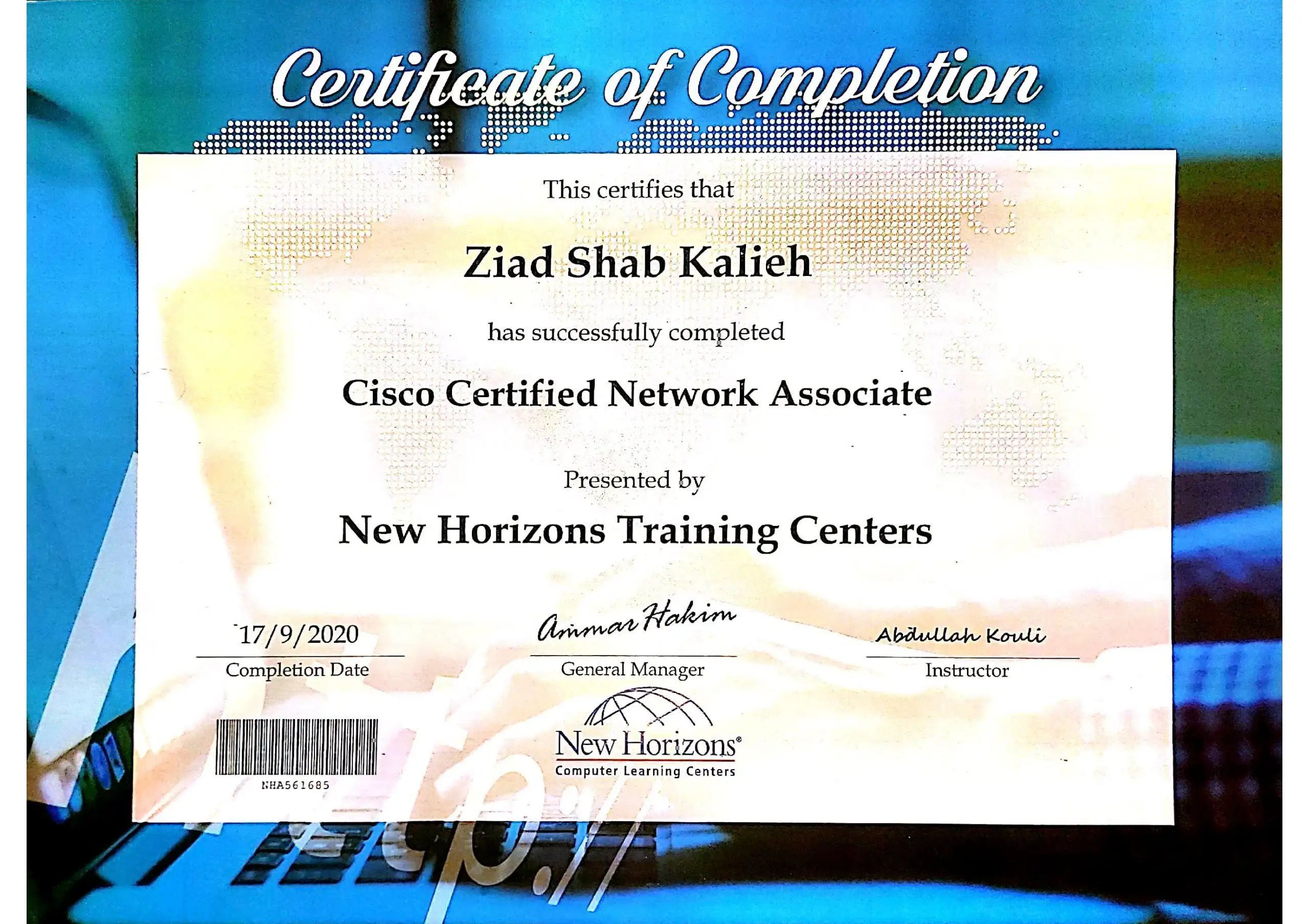CCNA Certificate from New Horizons