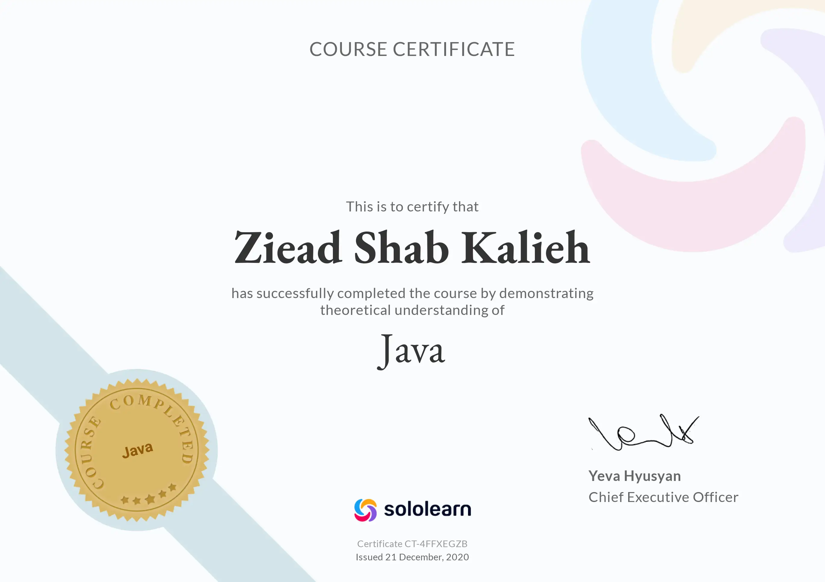Java Programming Certificate from SoloLearn