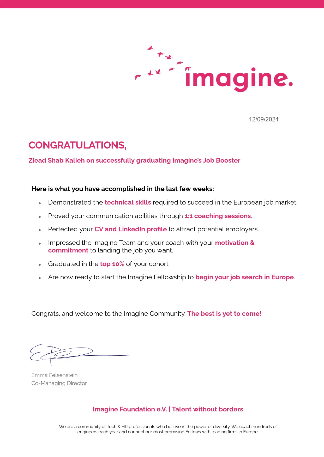 Imagine Job Booster Graduation Certificate