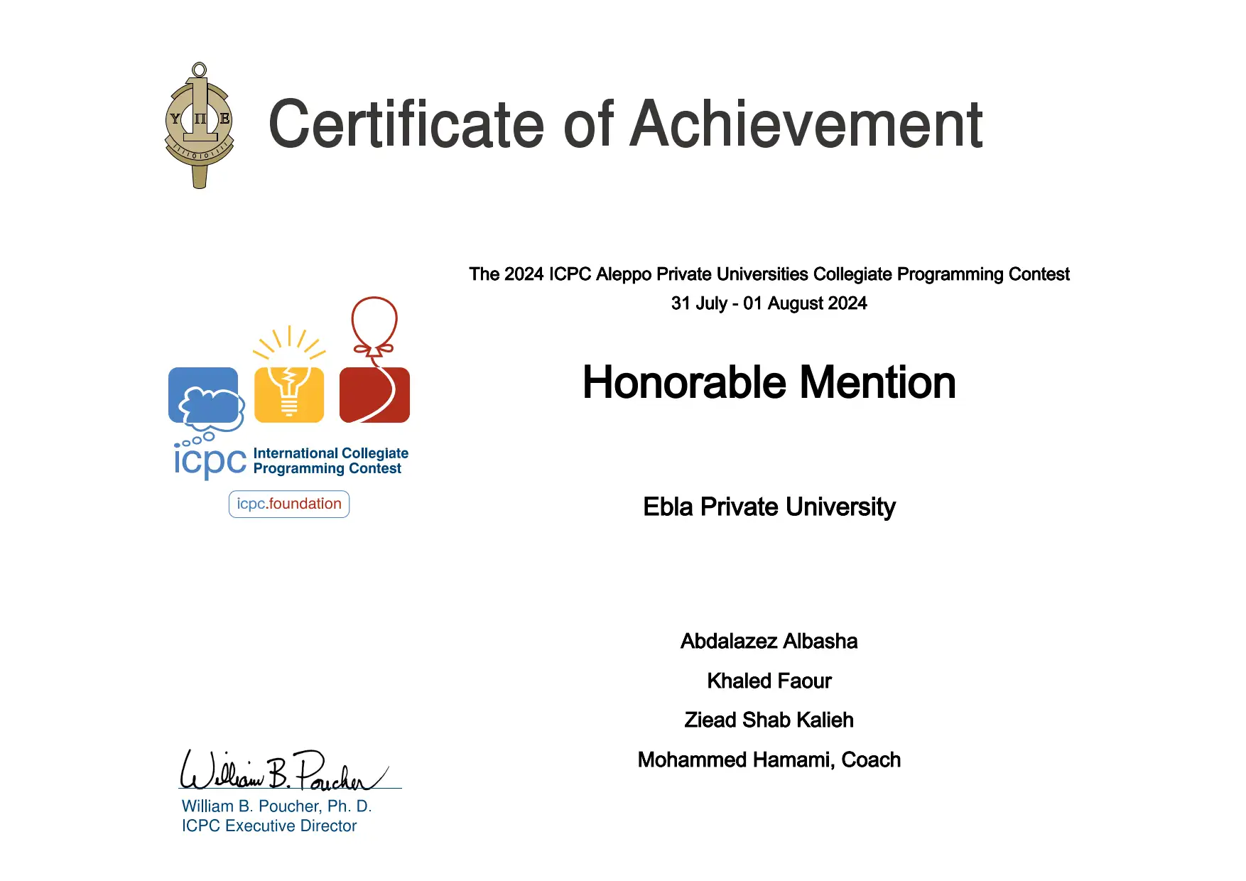 Certificate of Achievement for Team Ha in the ICPC contest