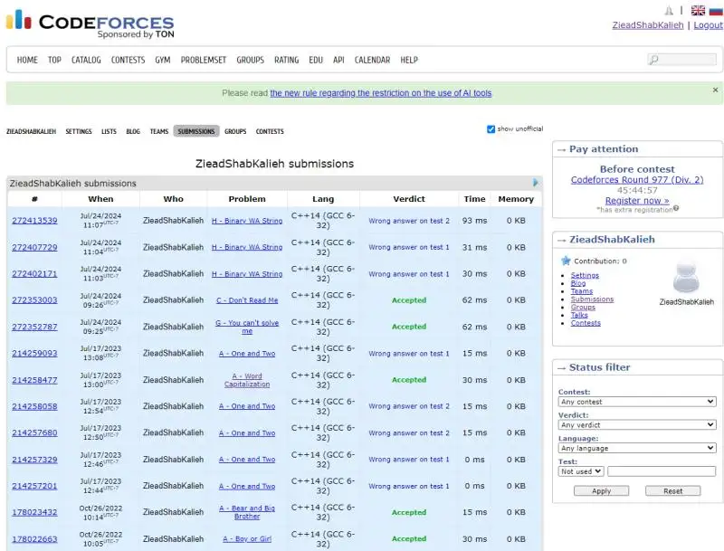 Codeforces Programming Contest Submissions